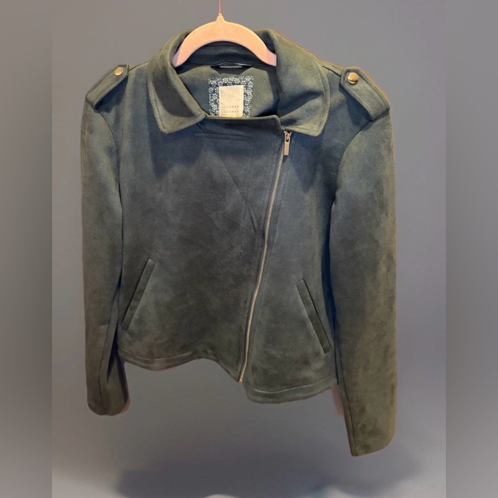 LC Lauren Conrad Dusty Green Faux Suede Front Zip Soft Moto Jacket Medium - Picture 6 of 11